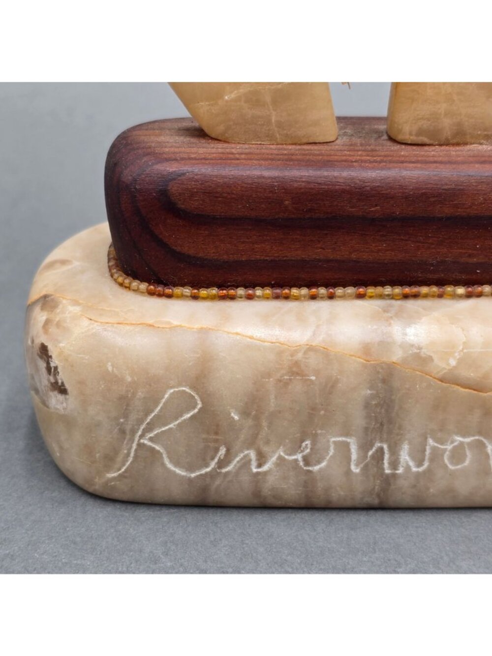 Alabaster Bear Fetish Carving Wood Base Signed Riverwoman Numbered 4011 7" READ - Picture 4 of 16